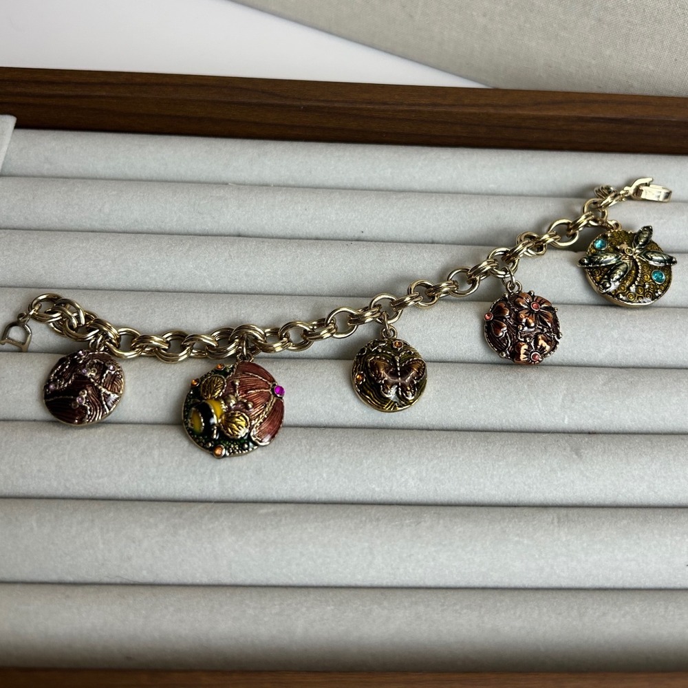 Monet Gold Tone Enamel Nature Charm Bracelet Dragonfly Bee Butterfly Vintage 7"